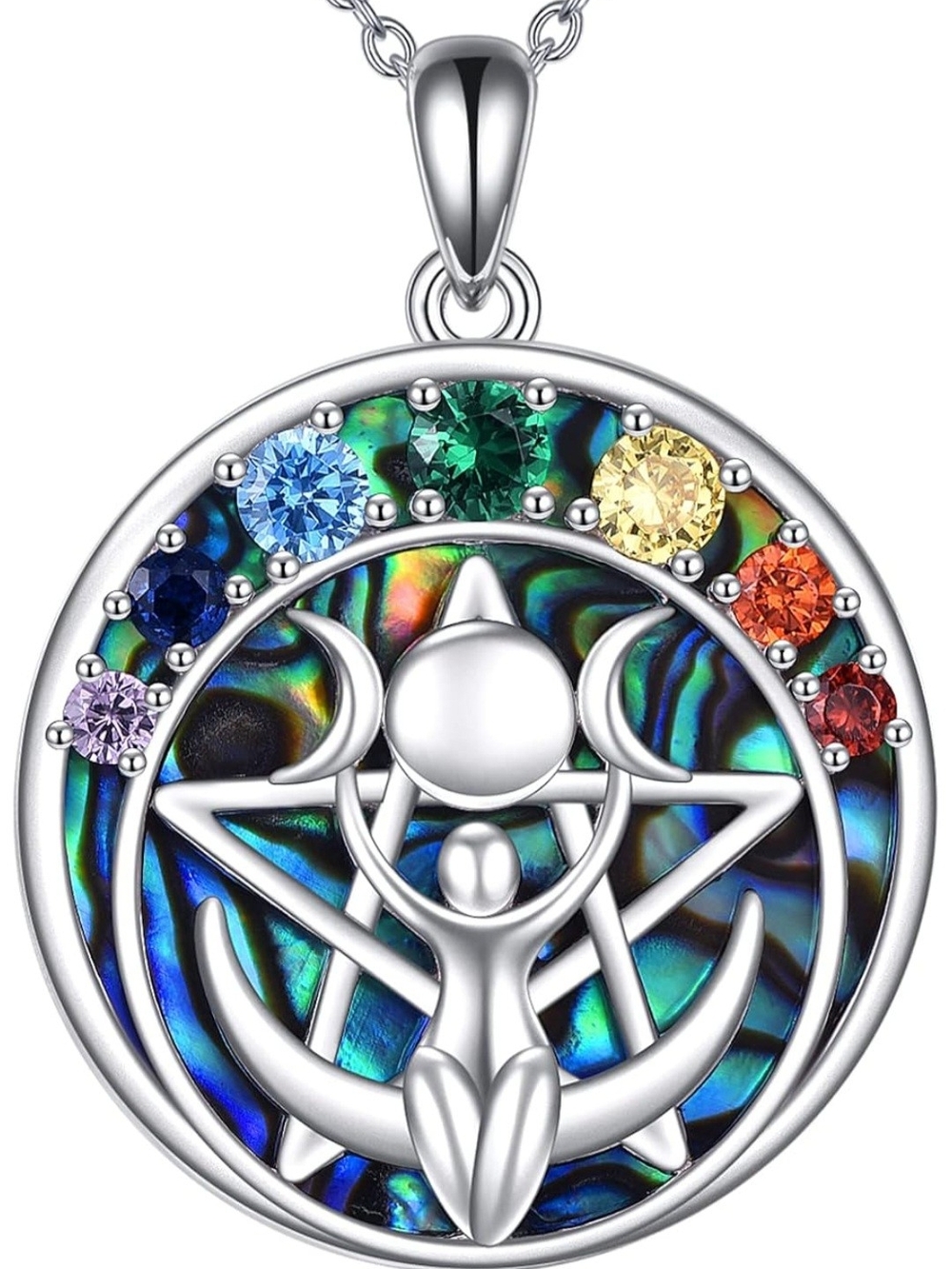 Abalone Multicolor Chakra Goddess Pendant Necklace Silver